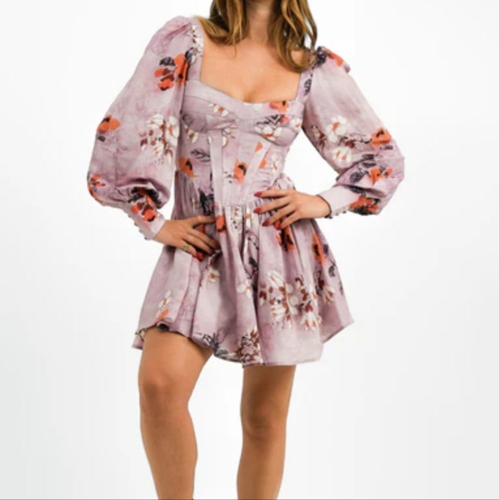 RARE Bardot Lila Linen Corset Puff Sleeve Floral Mini Dress sz 12 Mauve Milkmaid - Picture 2 of 16
